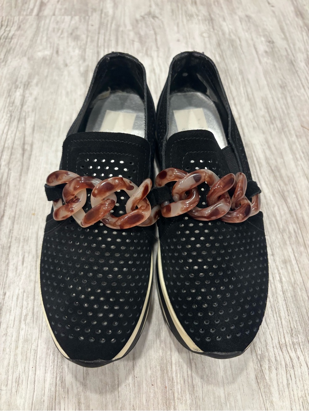 Dolce Vita Black Slip-On Platforms with Brown Tortoiseshell Chain